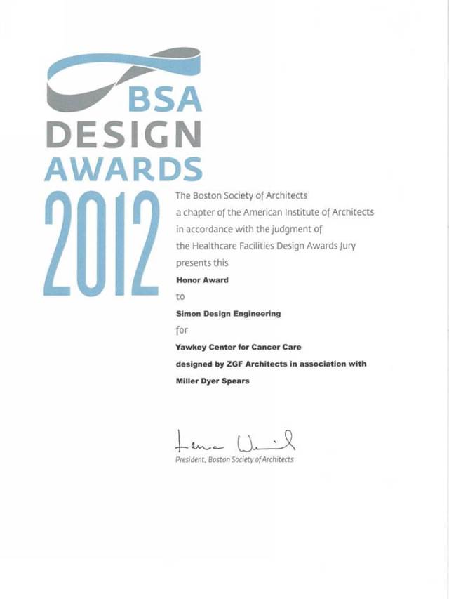 BSA Honor Award to Simon Design Engineering for Dana Farber Yawkey Center for Cancer Care